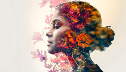 Artistic double exposure portrait of a woman with vivid flowers symbolizing mental health and Women's Day.