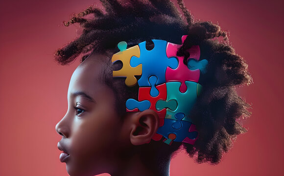 Black girl with puzzle pieces forming a brain, symbolizing mental health and neurological diversity.