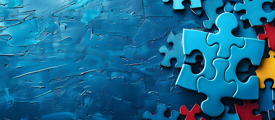 Blue puzzle piece on textured blue background symbolizing autism awareness with space for text.