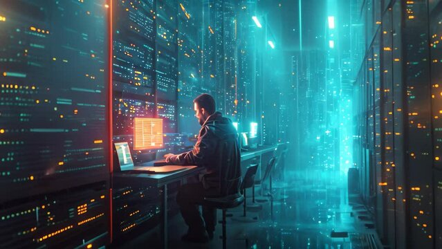 A man sits at a desk in a dark room, engrossed in his work, Conceptual artwork representing the accessibility of NAS storage