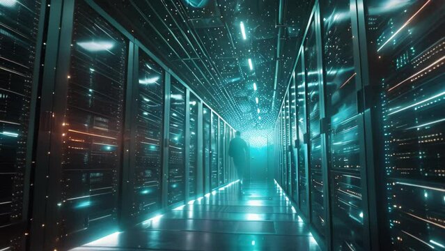 A man stands in the center of a room filled with servers, surrounded by blinking lights and rows of computer equipment, Conceptual artwork representing the accessibility of NAS storage