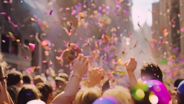 A lively crowd of diverse individuals celebrate and express their joy by throwing confetti into the air at a festive event, Confetti dropping over a crowd of people at a parade