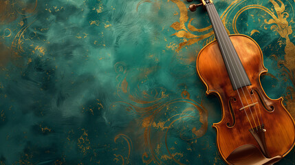 A violin placed diagonally on a textured emerald green background with golden ornamental patterns....
