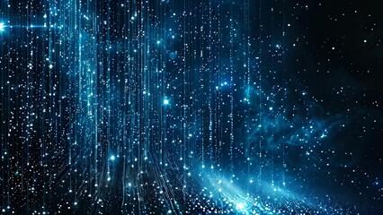 A photo showcasing a blue background adorned with stars and intersecting lines, Constellation of stars formed from binary code