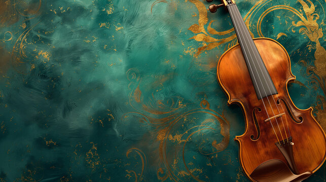 A violin placed diagonally on a textured emerald green background with golden ornamental patterns. Copy space.
