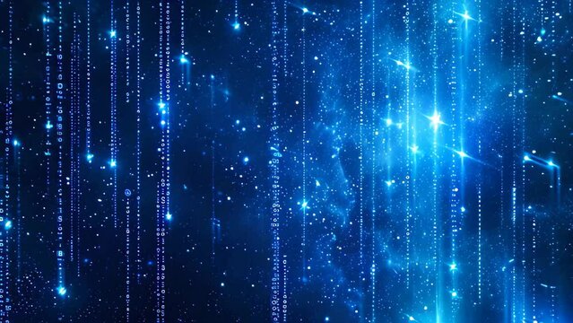 A photo featuring a deep blue background adorned with twinkling stars and intersecting lines, Constellation of stars formed from binary code