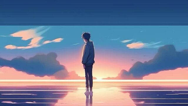 Animation guy on the street. lo-fi music background. Anime style. Man on the street with beautiful scenery. Person on the beach