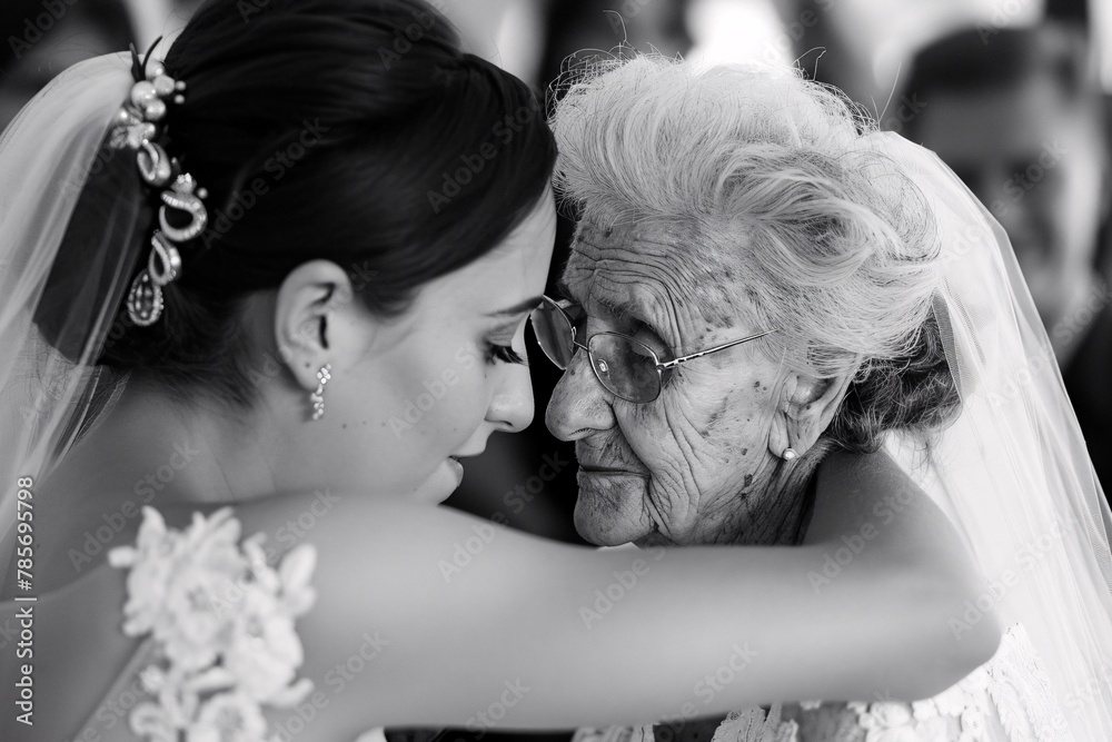 Wall mural Tender embrace between the bride and her grandparent, their bond evident in this heartfelt close-up moment 01