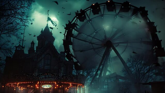 An amusement park at night with brightly lit rides and a large ferris wheel spinning in the background, Creepy carnival with a Ferris wheel and haunted house