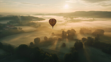 A hot air balloon floating gently over a fog-covered valley at dawn symbolizing the peacefulness and perspective gained from aerial travel. - obrazy, fototapety, plakaty