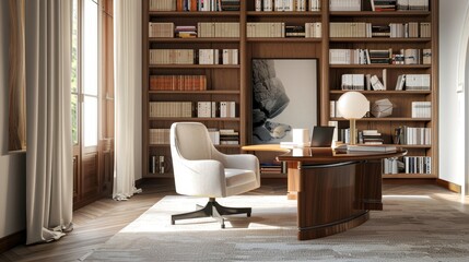 A 3d rendering of a desk in a room filled with modern decor  AI generated illustration