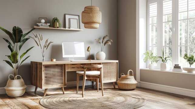 A 3d rendering of a desk in a room filled with modern decor  AI generated illustration