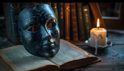 A dark still life with theatrical elements: a mask in front of a large book with a lit candle, representing the world theater day celebration. - obrazy, fototapety, plakaty