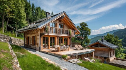 A charming mountain cottage with a wooden facade and scenic views  AI generated illustration