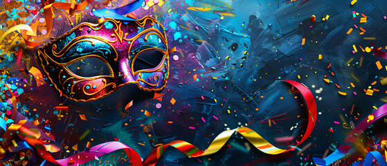 Festive purim carnival background - mask ribbonds