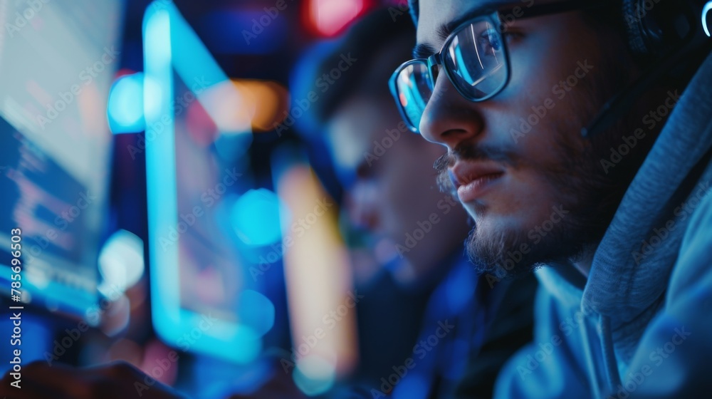Poster man with glasses and headphones working on computer