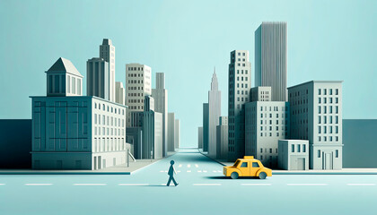 Monochromatic paper city with a yellow taxi and pedestrian, capturing urban solitude and the scale of city architecture against a pastel sky.