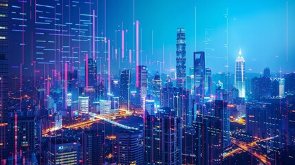 Fototapeta na wymiar A city skyline with digital screens displaying stock market data AI generated illustration