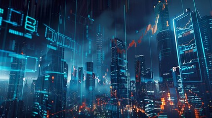 A city skyline with digital screens displaying stock market data  AI generated illustration