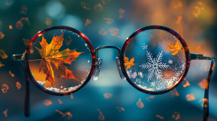 Artistic representation of seasonal shift with fall leaves and snowflakes through eyewear, perfect for creative seasonal campaigns.