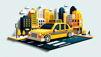 A vibrant paper craft taxi in a stylized city scene, perfect for businesses related to transportation, travel, or city life representations.