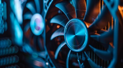A close-up of a computer fan spinning rapidly to keep the system cool  AI generated illustration - obrazy, fototapety, plakaty