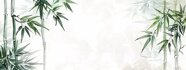 Painting waterink of a bamboo tree with green leaves and stems on a plain white background - obrazy, fototapety, plakaty
