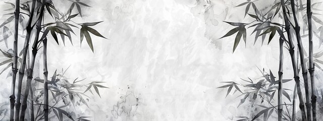 Obraz premium Monochrome black and white bamboo trees in traditional watercolor and ink art on cloudy background