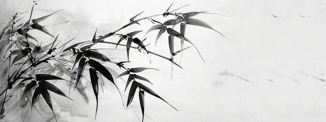 Traditional Chinese watercolor art depicting bamboo leaves and trunks in black and white