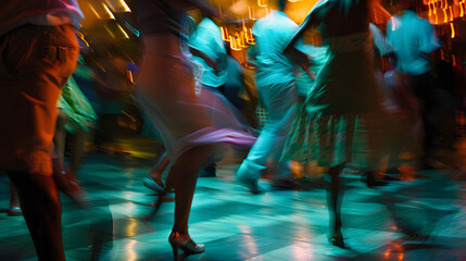 A lively salsa dancing night in a vibrant club with dancers moving rhythmically to energetic music.
