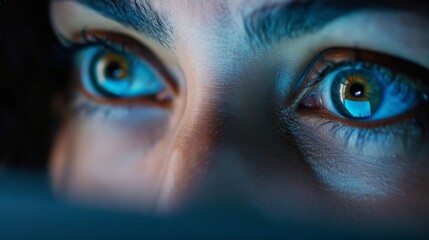 A close-up of a persons eyes staring intently at a computer screen  AI generated illustration