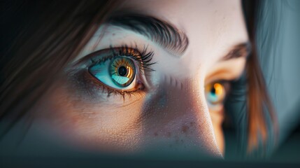 A close-up of a persons eyes staring intently at a computer screen  AI generated illustration - obrazy, fototapety, plakaty