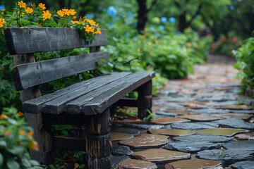 Naklejka premium This charming image depicts a wooden bench along a beautifully arranged stone pathway in a lush, tranquil garden after rain