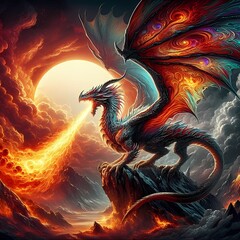 dragon and fire fantasy color beautiful sky landscape
