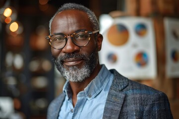 Portrait of a joyful African American elder man with a confident smile, wearing stylish glasses - obrazy, fototapety, plakaty