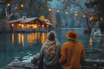 A romantic scene with a couple sitting by a lake with a cozy illuminated lakehouse in the background