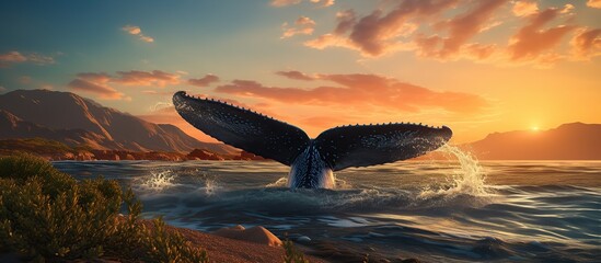 Photo of a blue whale tail over water in the sea at sunset Generative AI - obrazy, fototapety, plakaty