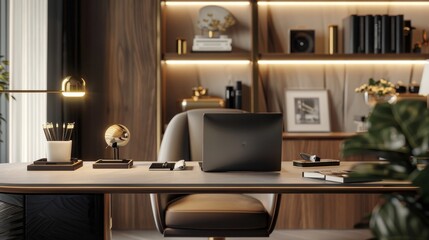 A closeup rendering of a desk in a workspace with stylish decor  AI generated illustration