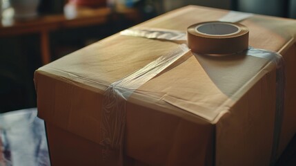 A close-up view of a package being securely wrapped with tape  AI generated illustration
