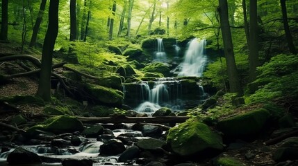 Beautiful waterfall in the forest. Summer landscape with a waterfall.