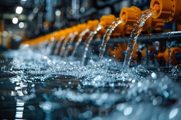 An industrial image featuring robotic arms with precisely aimed water jets used for cleaning or cooling purposes in a factory setting - obrazy, fototapety, plakaty