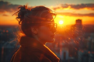 A woman overlooks a city at sunset, hair blowing in the wind, exuding a sense of wanderlust and freedom