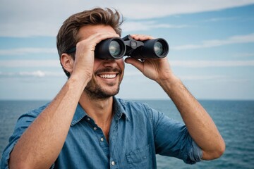 smiling yong man with binoculars looking out over ocean