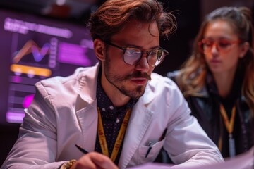 A focused man in a lab coat engaged in analyzing data displayed on multiple digital screens