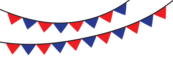 Fototapeta premium Colorful triangle flags hanging on white background. Christmas or birthday decoration. Carnival garland with flags. Bunting flags banner template. 11:11