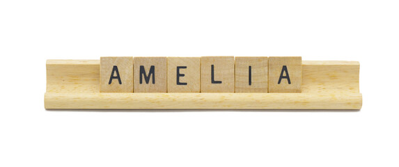 concept of popular newborn baby girl first name of AMELIA made with square wooden tile English...