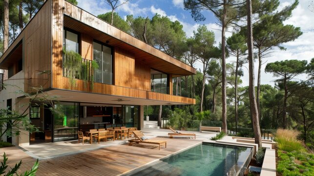 A contemporary villa with a wooden facade and pine tree landscaping  AI generated illustration