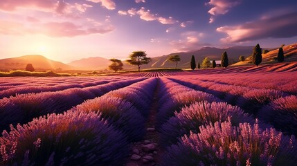 Sunset over lavender field in Provence, France. - obrazy, fototapety, plakaty