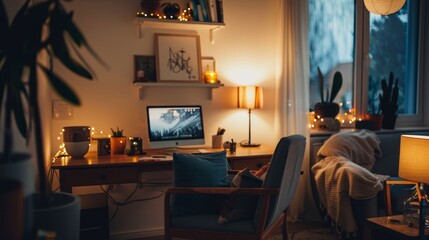A cozy nook in a home office with a comfortable chair and soft lighting  AI generated illustration