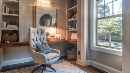 A cozy nook in a home office with a comfortable chair and soft lighting  AI generated illustration - obrazy, fototapety, plakaty